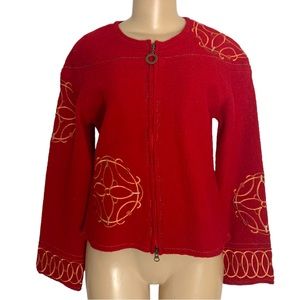 💯% Wool & Silk Embroidery Stitches Bold Red Zip Down Jacket